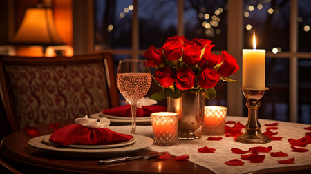 Romantic table setting with red roses, candles and wine glasses.の素材