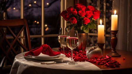 Romantic dinner setting with red roses, candles and wine glasses.の素材