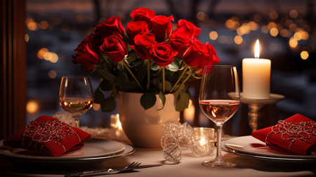 Romantic dinner setting with red roses, candles and gift boxes.の素材