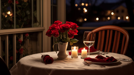 Romantic dinner with red roses on the table in the evening.の素材