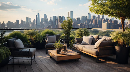 Luxury terrace with a view of the New York City skylineの素材