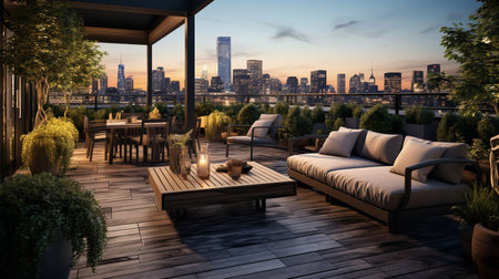 Outdoor terrace with a view of the New York City skylineの素材