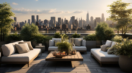 3D render of a terrace with a view of New York Cityの素材