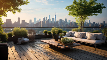 View of New York from a wooden terrace. 3d renderingの素材