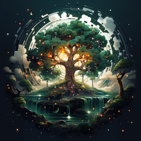Fantasy landscape with a big tree in the forest. Vector illustration.の素材