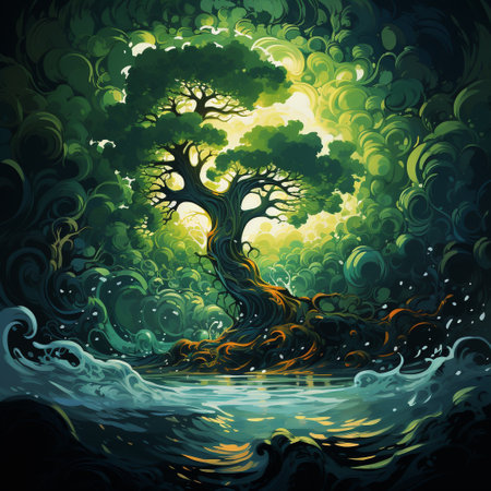 Fantasy landscape with a tree in the water. Vector illustration.の素材