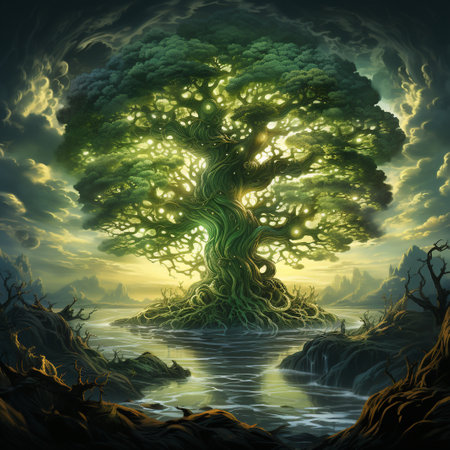 Fantasy landscape with a big tree in the middle of the riverの素材