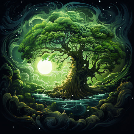 Fantasy tree in the forest at full moon. Vector illustration.の素材