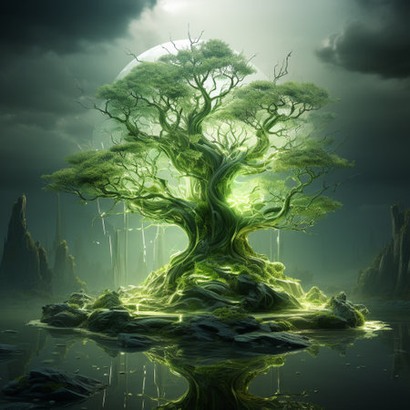 Fantasy landscape with green tree and moon. 3D illustration.の素材