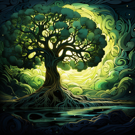 Magic Tree on the lake. Vector illustration of a fantasy tree.の素材