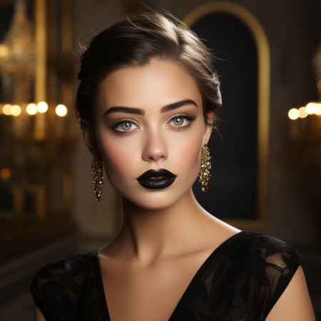 Beautiful young woman with dark make-up and black lips. Fashion portrait.の素材
