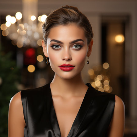 Portrait of beautiful young woman with evening make-up in black dressの素材
