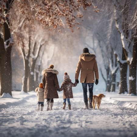 Happy family walking in winter park. Mother, father and children with dog.の素材