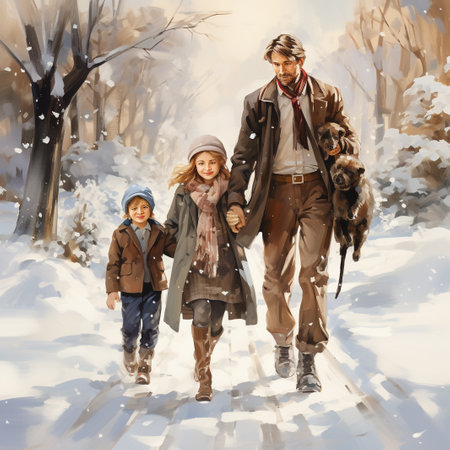 Portrait of a happy family walking in the park in winter.の素材