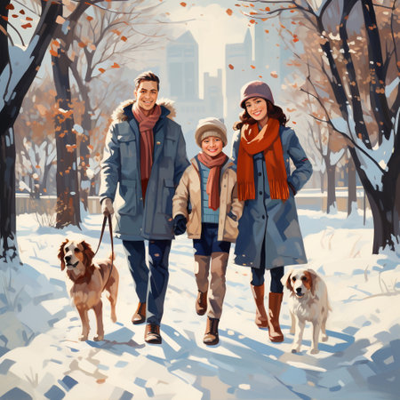 Happy family walking in the park with their dogs. Winter season.の素材