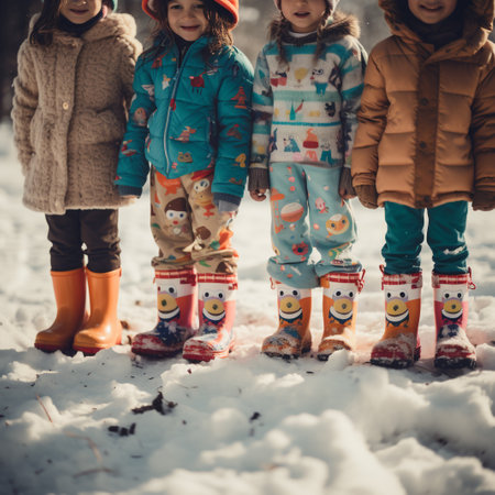 Group of children walking in winter park. Kids having fun outdoors.の素材