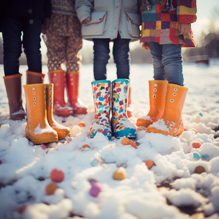 Close-up of children in rubber boots standing on the snow in winterの素材