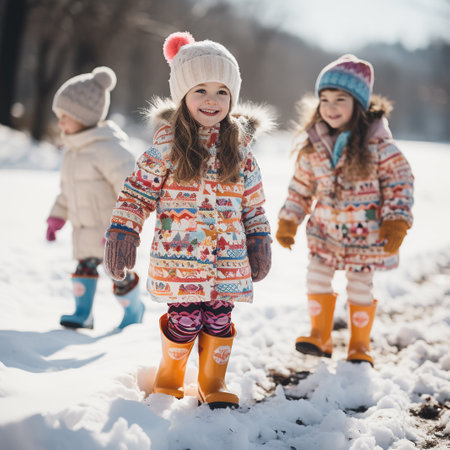 Two adorable little sisters having fun on beautiful winter day outdoors. Happy family playing in snow.の素材