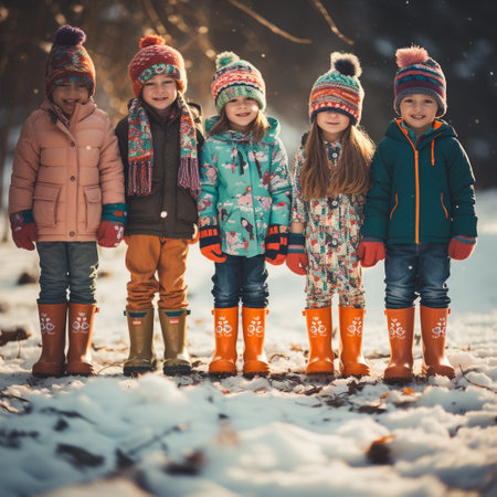 Portrait of a group of children in winter clothes on a sunny dayの素材