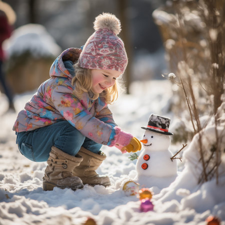 Adorable little girl making a snowman on beautiful winter day outdoorsの素材
