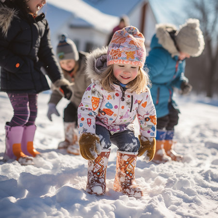 Little girl playing in the snow with her friends on a sunny winter dayの素材
