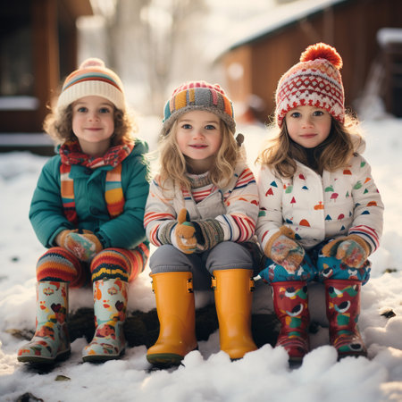 Three cute little girls sitting on the snow in winter clothes and hatsの素材