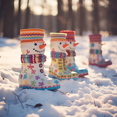 Snowman and snowman boots in winter forest. Christmas background.の素材