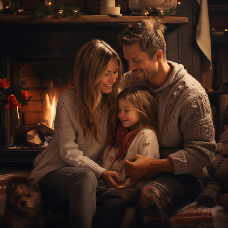 Happy family in warm sweaters sitting by the fireplace at Christmas time.の素材