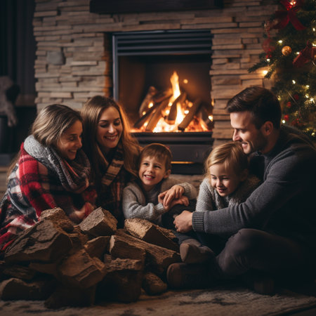 Happy family sitting in front of fireplace at home. Winter holidays concept.の素材