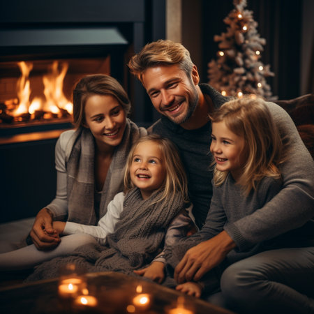 Happy family sitting on sofa in front of fireplace at home and looking at cameraの素材