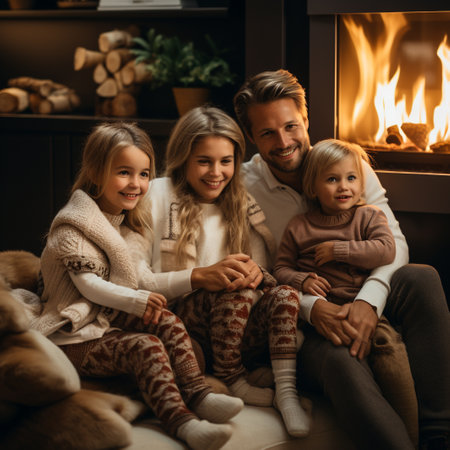 happy family in warm sweaters sitting on sofa near fireplace at homeの素材