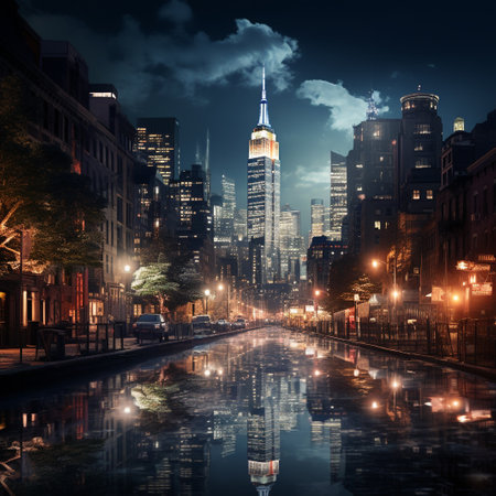 New York City Skyscrapers at night with reflection in the waterの素材
