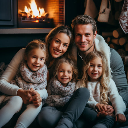happy family sitting on sofa in front of fireplace and looking at cameraの素材