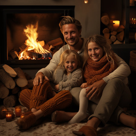 Happy family in warm sweaters sitting near fireplace and smiling at cameraの素材