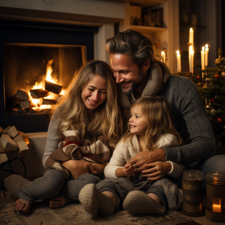 Happy family sitting on the floor by the fireplace at home in winterの素材