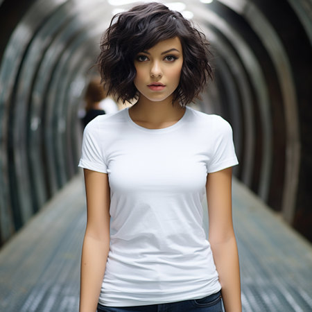 Young beautiful brunette woman in white blank t-shirt standing on the bridgeの素材