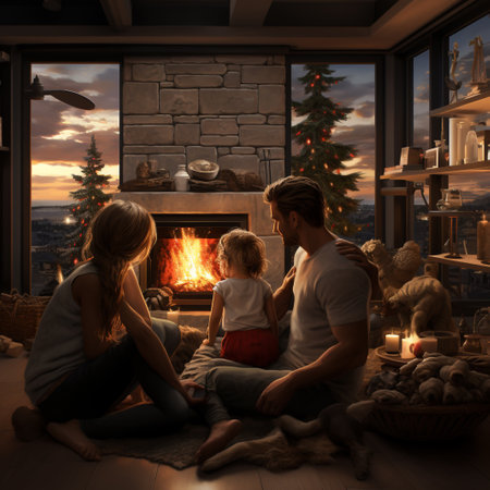 Happy family sitting in front of fireplace at home. Winter evening.の素材