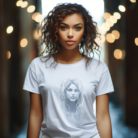 Fashionable young woman with curly hair in white t-shirtの素材