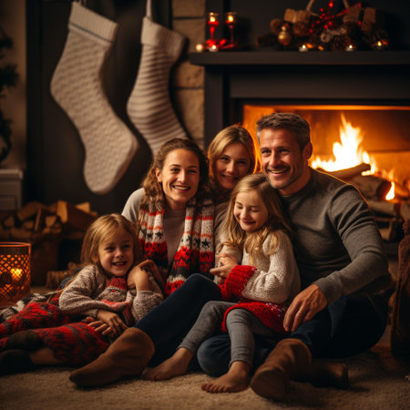 Happy family sitting on the floor in front of fireplace at Christmas timeの素材