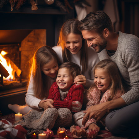 Happy family sitting near fireplace at home. Christmas, winter, happiness concept.の素材