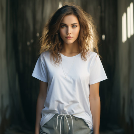 Portrait of a beautiful young woman in white t-shirt.の素材