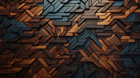 3d rendering of abstract wooden wall background. Pattern of wooden blocks.の素材
