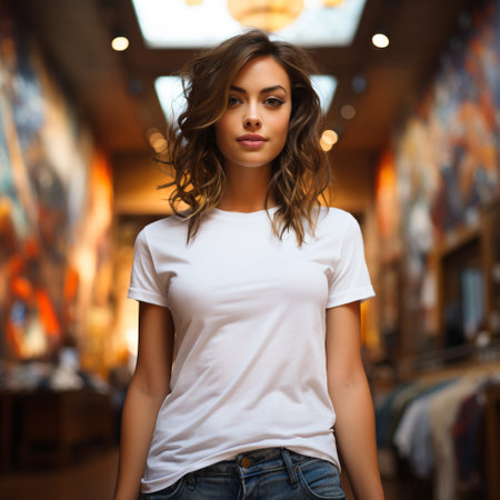 Portrait of a beautiful young woman in white t-shirt in the shopの素材