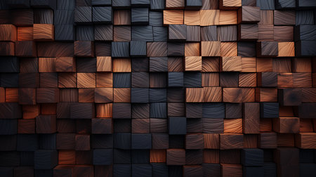 3d rendering of abstract wooden cubes background in black and orange colorsの素材