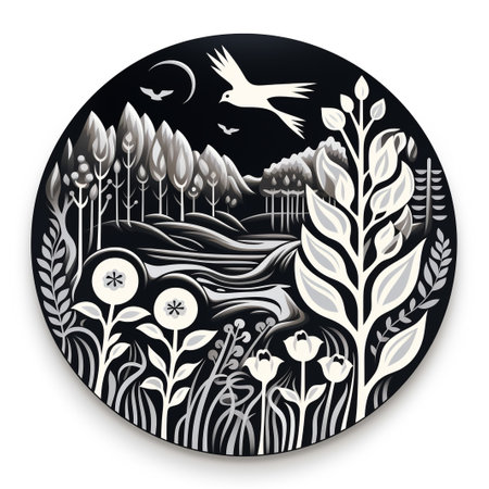 Vector illustration of a black round plate with a picture of a forest and a birdの素材