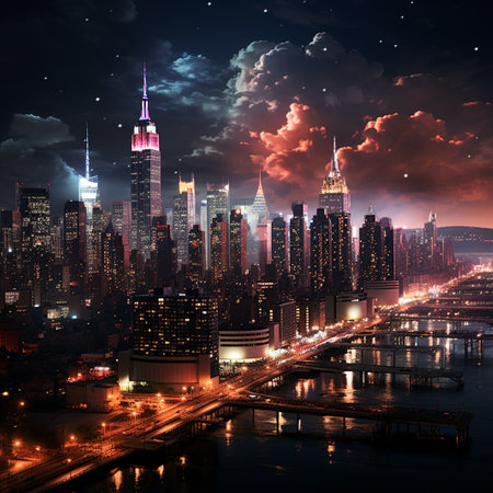 New York City skyline at night with urban skyscrapers and bridgeの素材