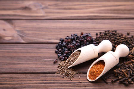 Spices mix on brown wooden background.の写真素材