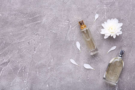 Many perfume bottles on a gray background, top viewの写真素材