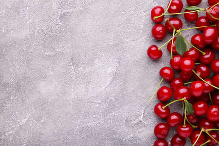 Fresh sweet cherries with leaves on gray concrete background with copy space