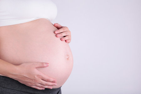 A cute pregnant belly on gray, pregnancy concept